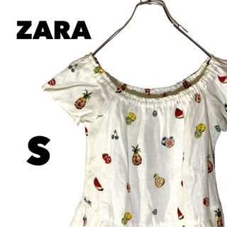 ザラ(ZARA)の【ZARA BASIC】 カットソー S フリル袖 フルーツ柄 リネン100%(カットソー(半袖/袖なし))