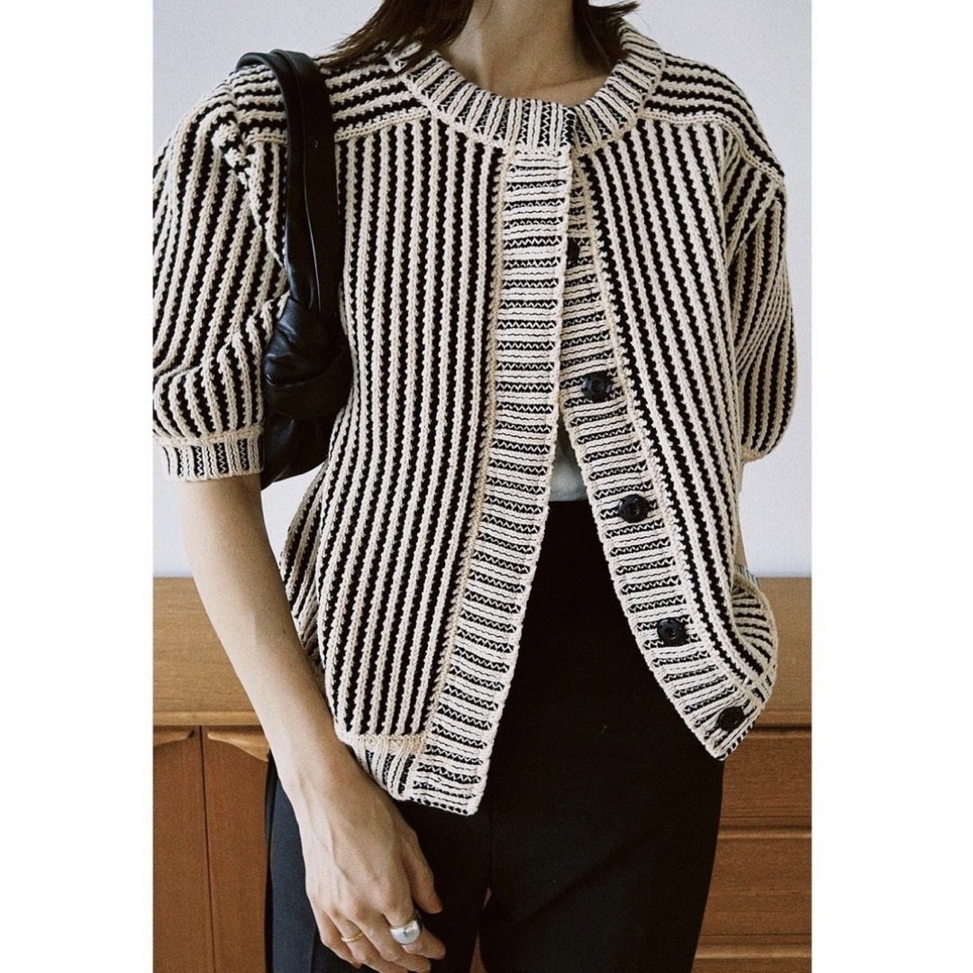 CLANE STRIPE CABLE HALF SLEEVE CARDIGAN