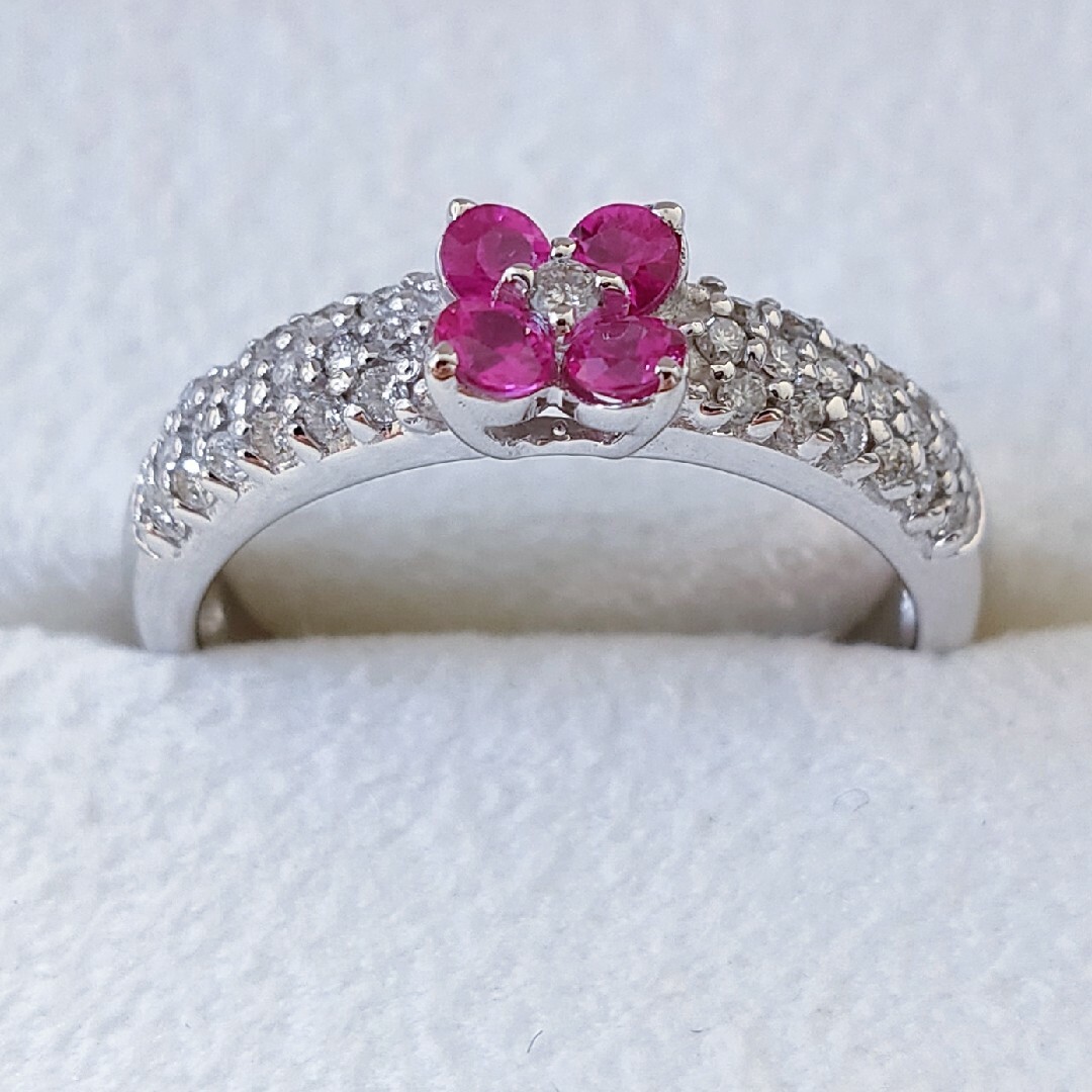 ダイヤモンド×ルビー フラワー リング K18WG 0.27ct 3.1g-
