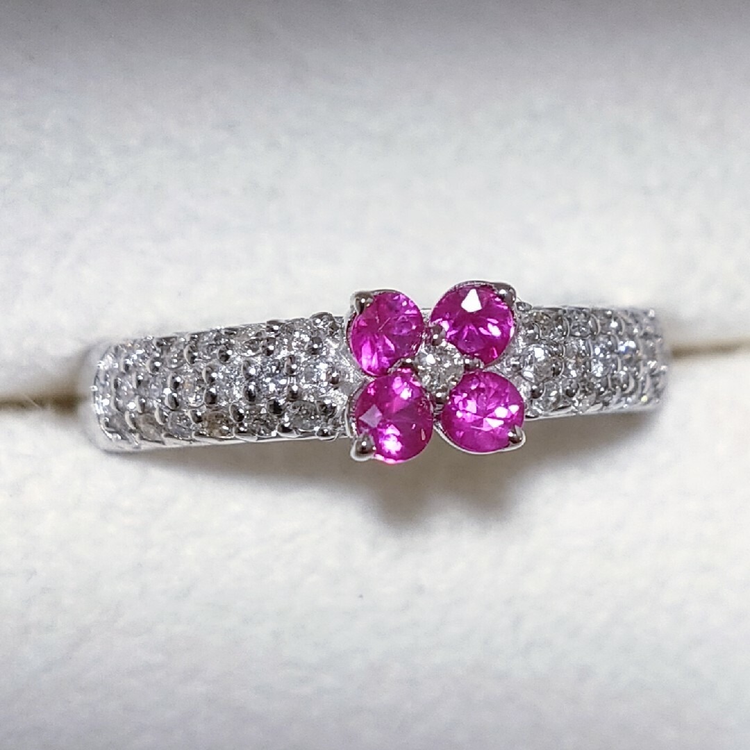 ダイヤモンド×ルビー フラワー リング K18WG 0.27ct 3.1g-