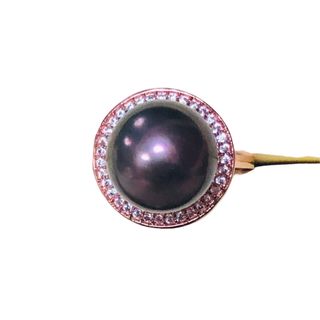贅沢な12mm大粒♪金具純銀天然淡水真珠/ダイヤ入パール指輪♪サイズ：フリー♪b(リング(指輪))