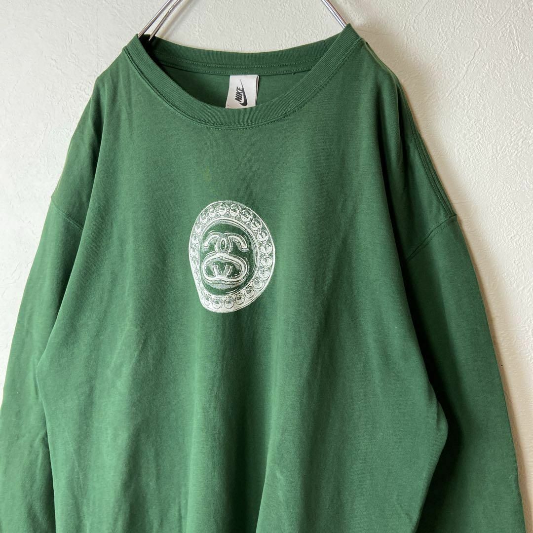 人気コラボ】NIKE ✖︎ STUSSY両面ロゴ古着ロンT ストリート緑長袖M-