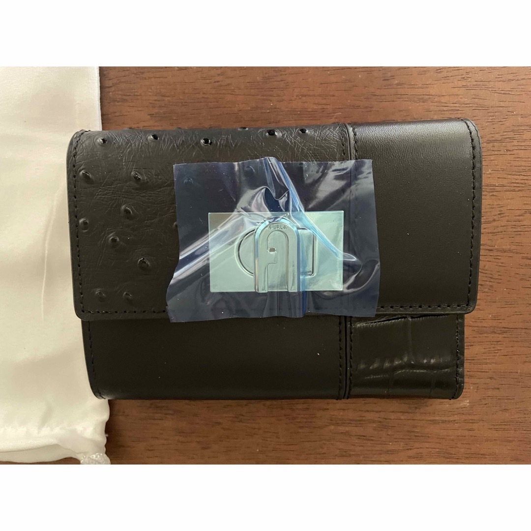 【新品】FURLA フルラ 三つ折り財布 ブラック クロコ　オーストリッチ　黒