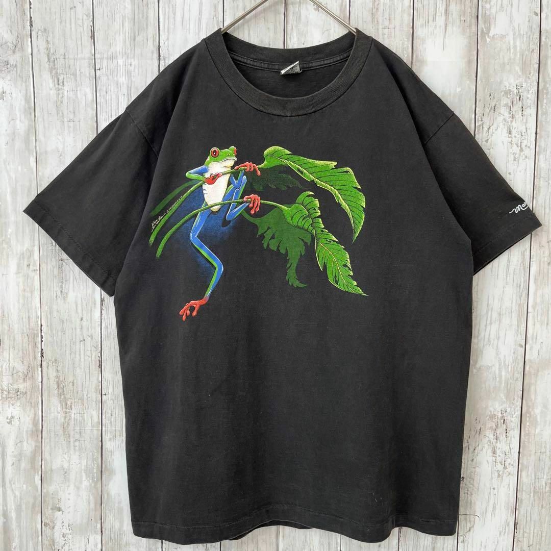 90sヴィンテージUSA製シングルステッチ古着　カエルバックプリントTシャツ黒L