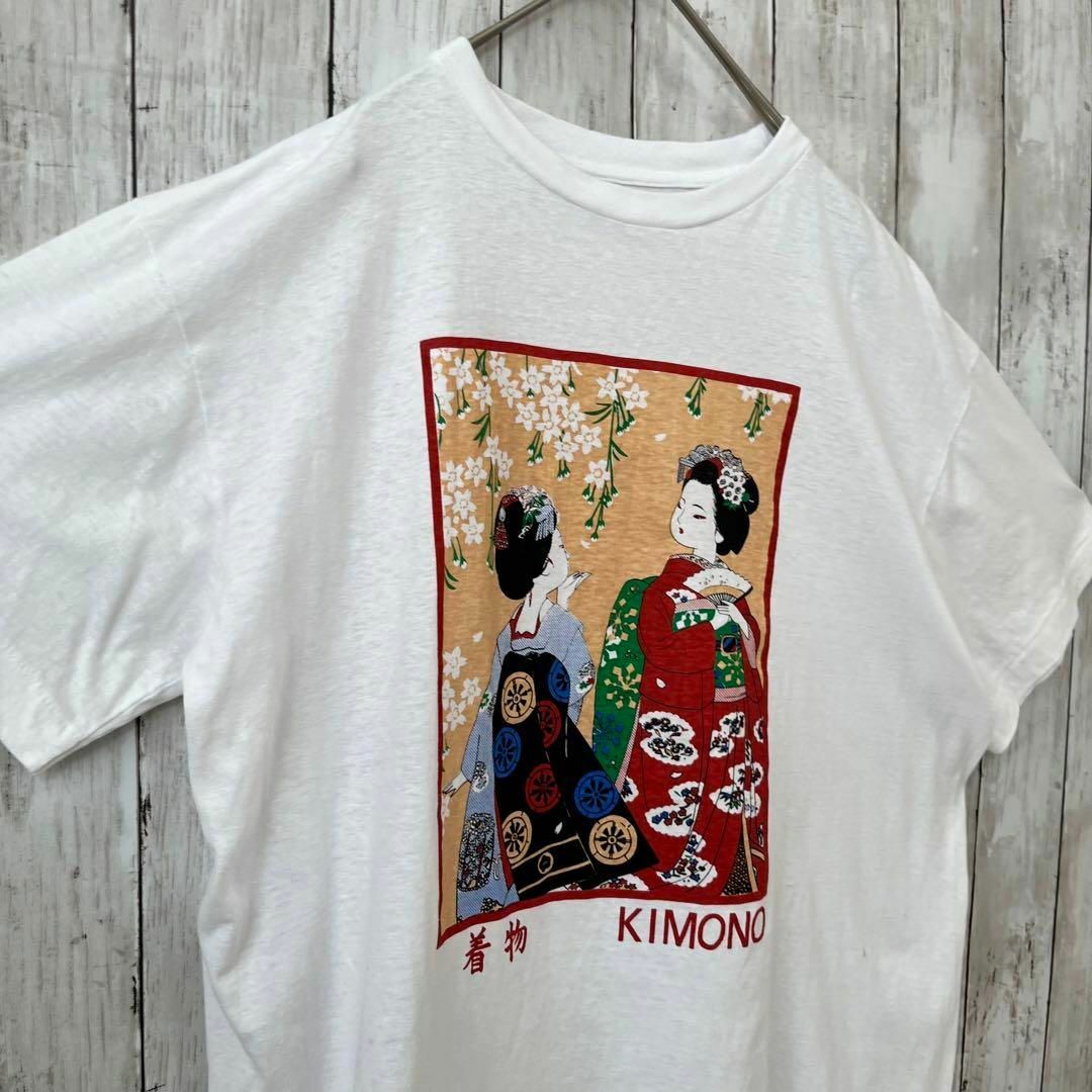 シングルステッチヴィンテージ古着 着物プリントTシャツ白ユニ