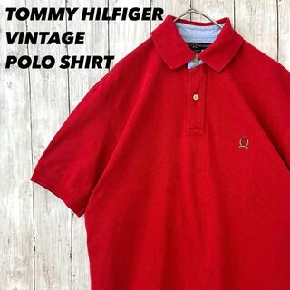 トミーヒルフィガー(TOMMY HILFIGER)のヴィンテージ古着トミーヒルフィガー　ワンポイント刺繍ロゴ半袖鹿の子ポロシャツ　赤(ポロシャツ)