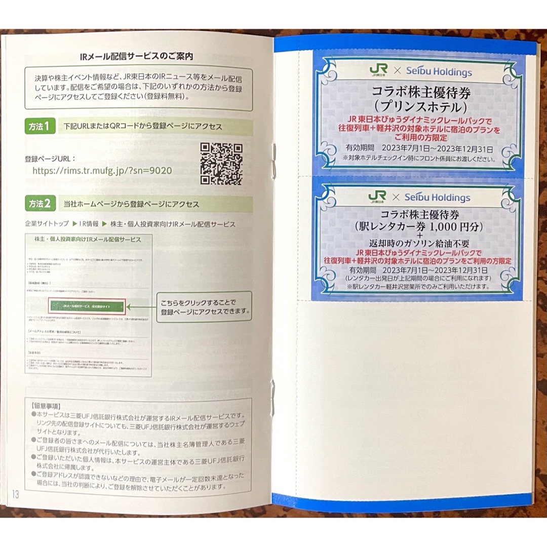 JR東日本 株主優待割引券X2枚  株主優待サービス券