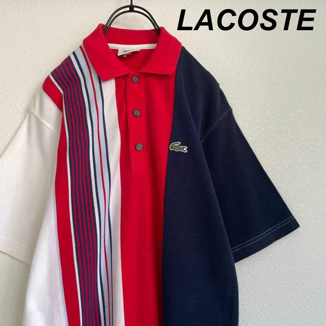 90's ラコステ/LACOSTE ポロシャツ マルチカラー 赤 紺 文字ワニ