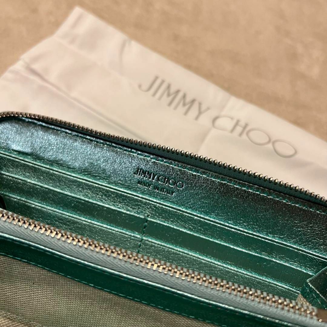 美品ジミーチュウ JIMMYCHOO 長財布 グリーン 光沢 ラウンドファスナー