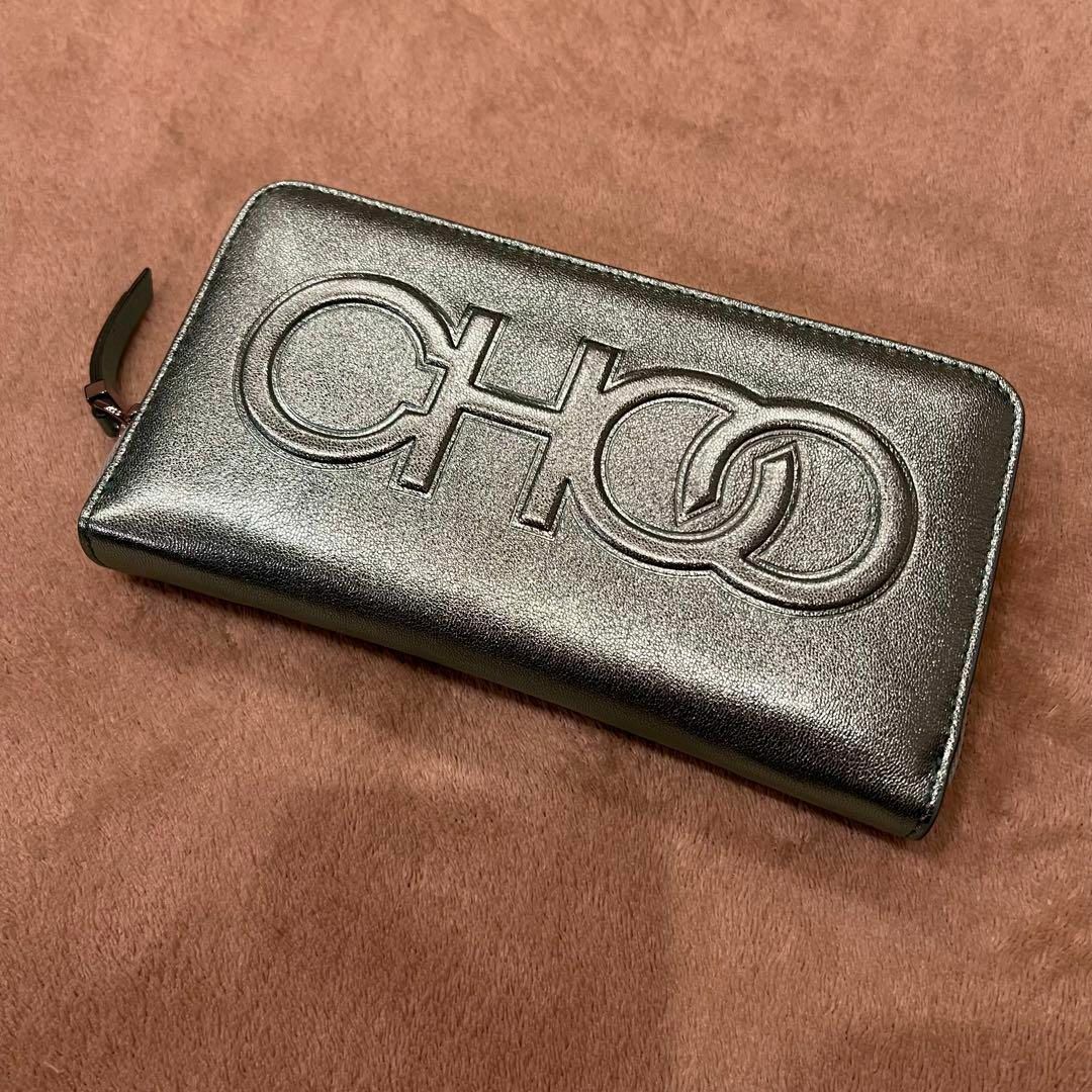 美品ジミーチュウ JIMMYCHOO 長財布 グリーン 光沢 ラウンドファスナー