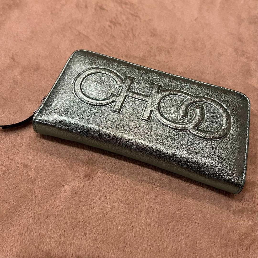 美品ジミーチュウ JIMMYCHOO 長財布 グリーン 光沢 ラウンドファスナー