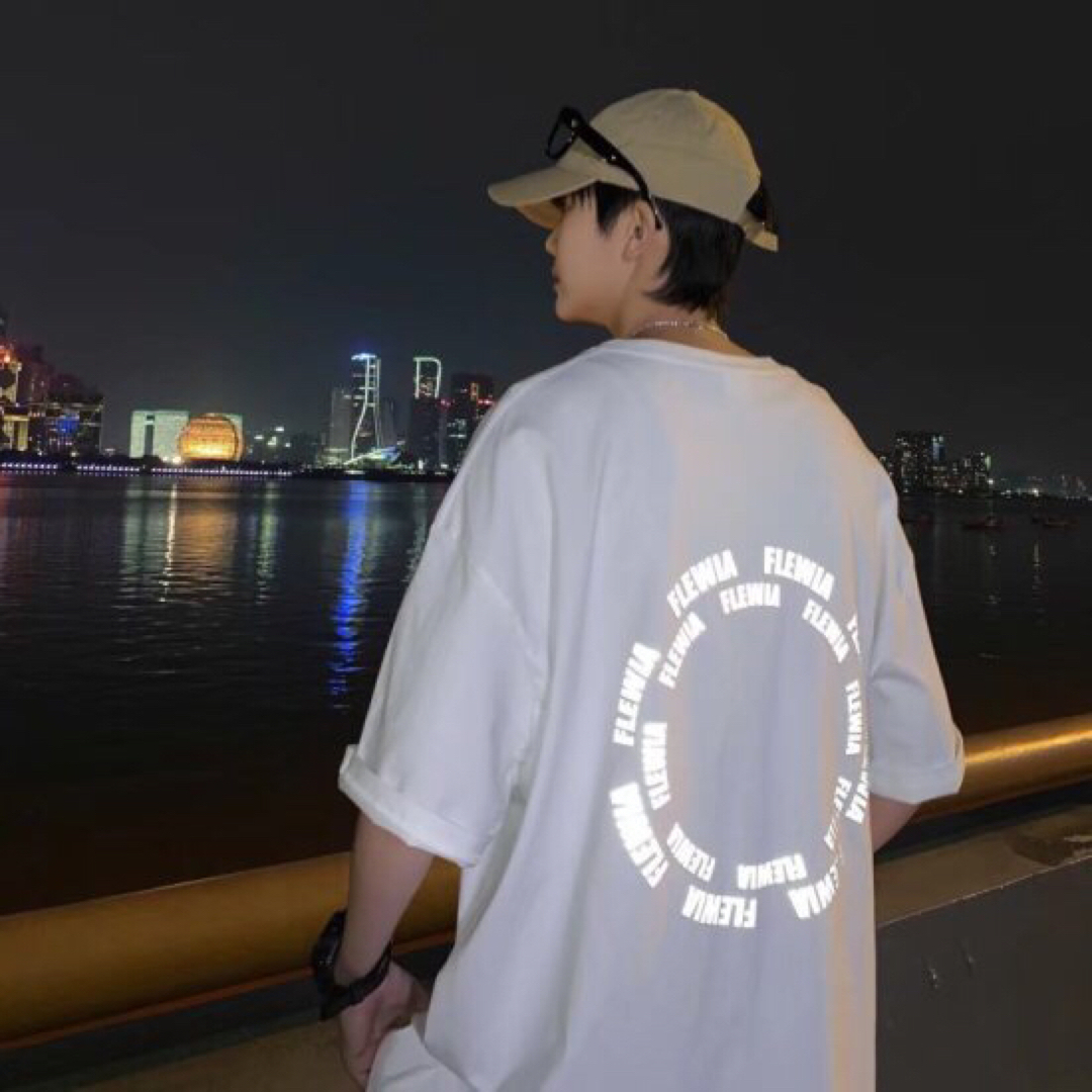 サークル ロゴ 光る メンズ 半袖 Tシャツ 韓国 ストリート ホワイト メンズのトップス(Tシャツ/カットソー(半袖/袖なし))の商品写真
