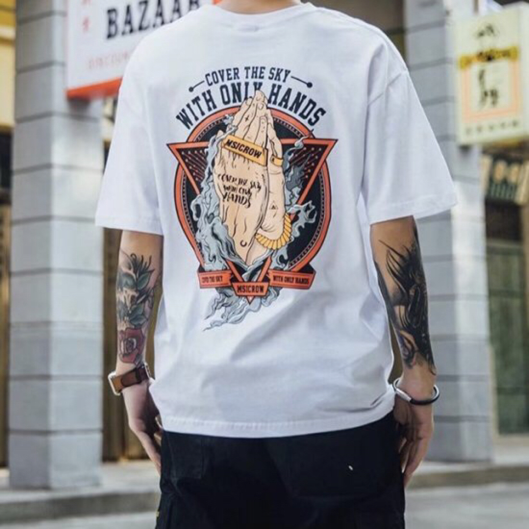 和柄 和風 バックプリント メンズ 半袖 Tシャツ 韓国 ストリート ホワイト メンズのトップス(Tシャツ/カットソー(半袖/袖なし))の商品写真