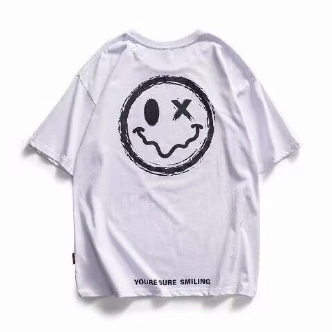 ニコちゃん バックプリント メンズ 半袖 Tシャツ 韓国 ストリート ホワイト メンズのトップス(Tシャツ/カットソー(半袖/袖なし))の商品写真