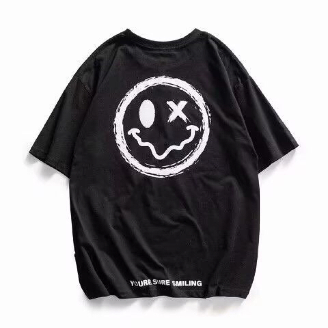 ニコちゃん バックプリント メンズ 半袖 Tシャツ 韓国 ストリート ブラック メンズのトップス(Tシャツ/カットソー(半袖/袖なし))の商品写真