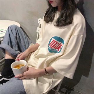 アメカジ ロゴ 半袖 Tシャツ 韓国ファッション レディース 白(Tシャツ(半袖/袖なし))