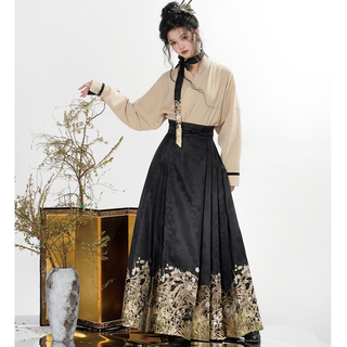 黄金灯籠　織錦馬面裙　黒金色ロングスカート　明製漢服　中国伝統衣装　着物　西陣織