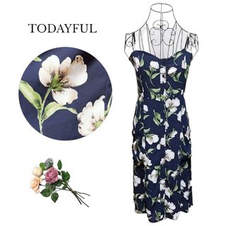 トゥデイフル(TODAYFUL)の極良品 TODAYFUL キャミ ワンピース ネイビー 38 花柄(ひざ丈ワンピース)