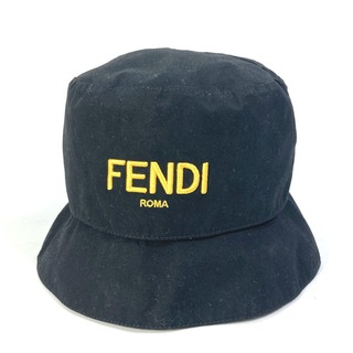 フェンディ(FENDI)のフェンディ FENDI ロゴ フィッシャーマンハット FXQ790 ハット帽 帽子 バケットハット ボブハット ハット コットン ブラック 美品(ハット)