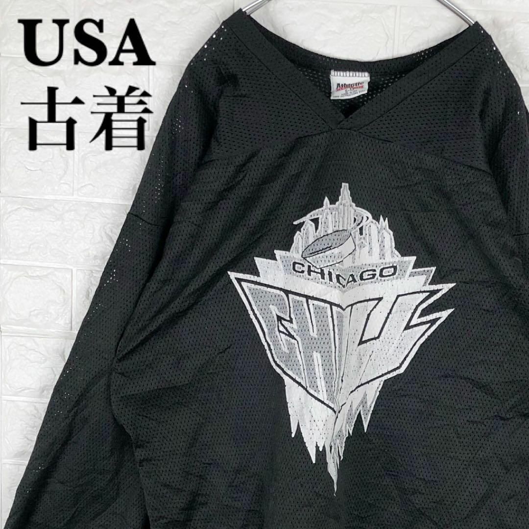 NHL USA製 シカゴチル ゲームシャツ デカロゴ アイスホッケー ゆるだぼ メンズのトップス(Tシャツ/カットソー(七分/長袖))の商品写真