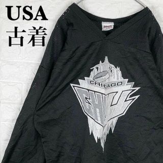 NHL USA製 シカゴチル ゲームシャツ デカロゴ アイスホッケー ゆるだぼ(Tシャツ/カットソー(七分/長袖))