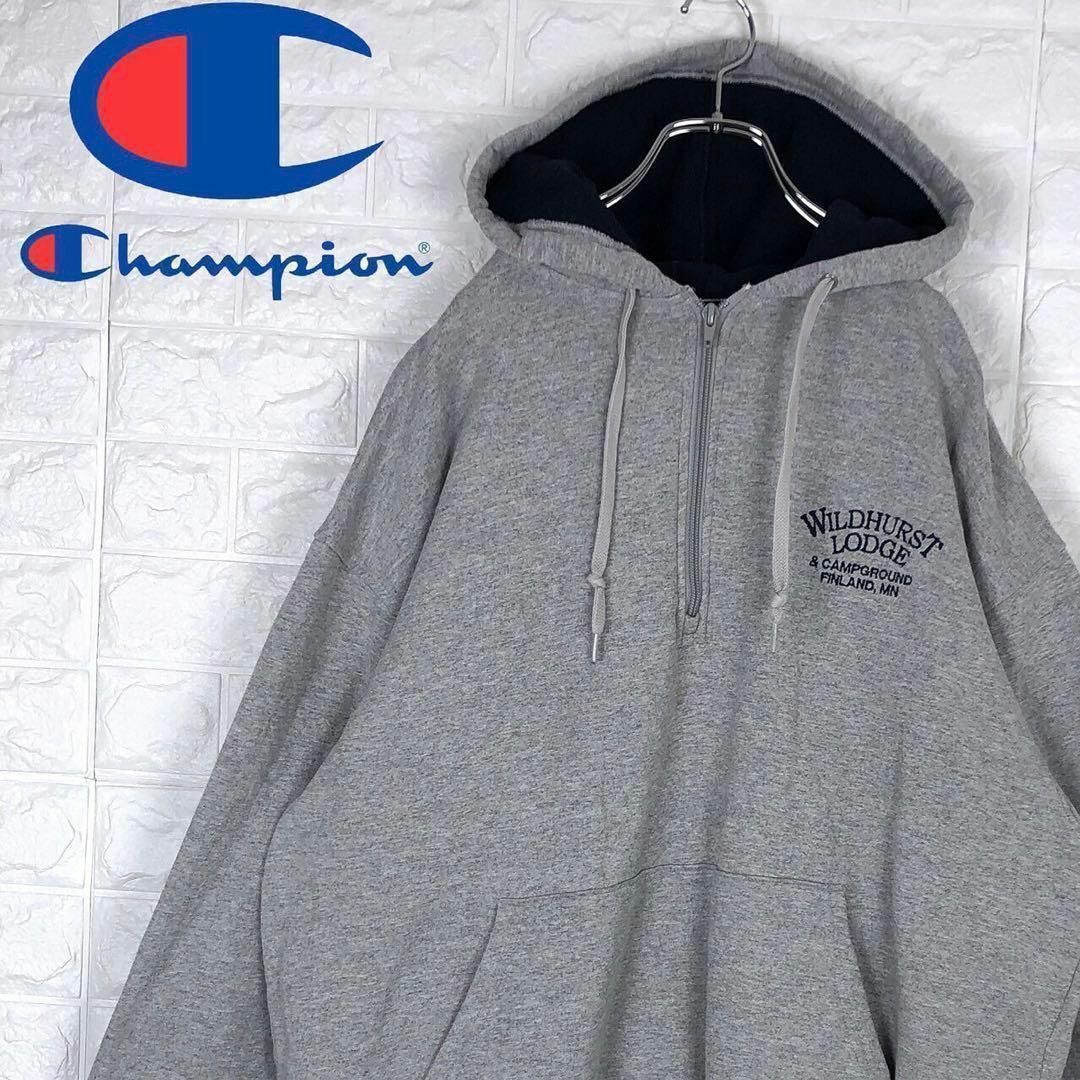 Champion(チャンピオン)のチャンピオン 人気ハーフジップ プルオーバーパーカー刺繍ワンポイントロゴゆるだぼ メンズのトップス(パーカー)の商品写真