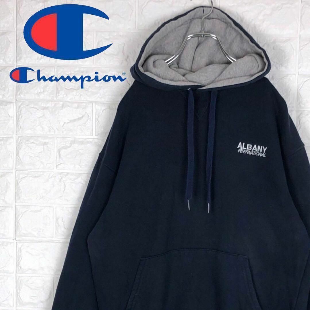 Champion チャンピオン 刺繍ロゴ プルオーバーパーカー カレッジロゴ スウェット ネイビーの通販 by 古着屋アトム｜チャンピオンならラクマ