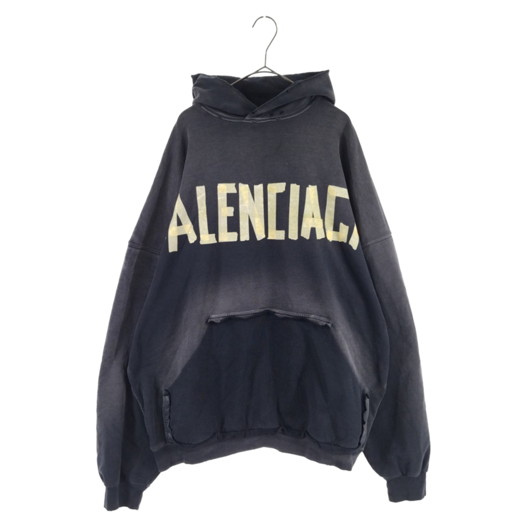 BALENCIAGA バレンシアガ 23SS TAPE TYPE RIPPED POCKET OVERSIZED HOODIE 744190 T0VB1 テープロゴプリントダメージ加工スウェットプルオーバーフーディ パーカーグレー