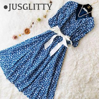 ジャスグリッティー(JUSGLITTY)の極美品 ジャスグリッティー 小花柄 リボン ギャザー フレア ロングワンピース(ロングワンピース/マキシワンピース)