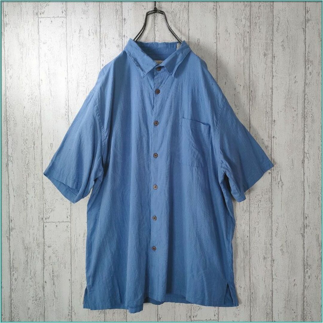 アロハシャツ US 青系 XL レギュラーカラー 織柄 総柄 グランジング 1