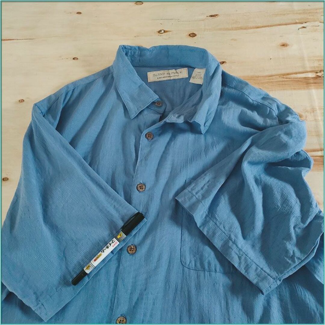 アロハシャツ US 青系 XL レギュラーカラー 織柄 総柄 グランジング 4