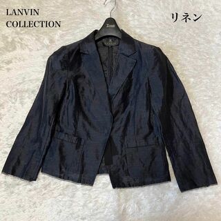 ランバンコレクション(LANVIN COLLECTION)のランバンコレクション　麻　テーラードジャケット　裾フリンジ　ネイビー　ポケット(テーラードジャケット)