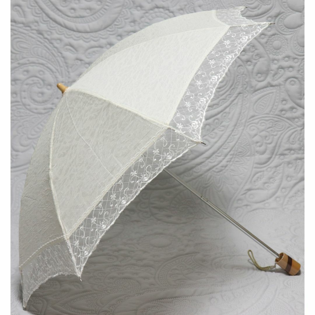 新品 折りたたみ傘 上品高級感 豪華レース刺繍 日傘 木製 白