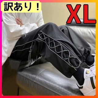 メンズ パンツ 韓国 ジャージ レディース 黒 XL ユニセックス レースアップ(ワークパンツ/カーゴパンツ)