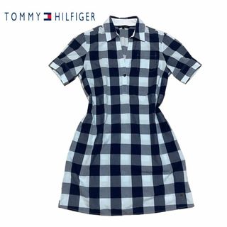 トミーヒルフィガー(TOMMY HILFIGER)のトミーヒルフィガー シャツワンピース　ネイビー　紺色　ホワイト　チェック(ひざ丈ワンピース)