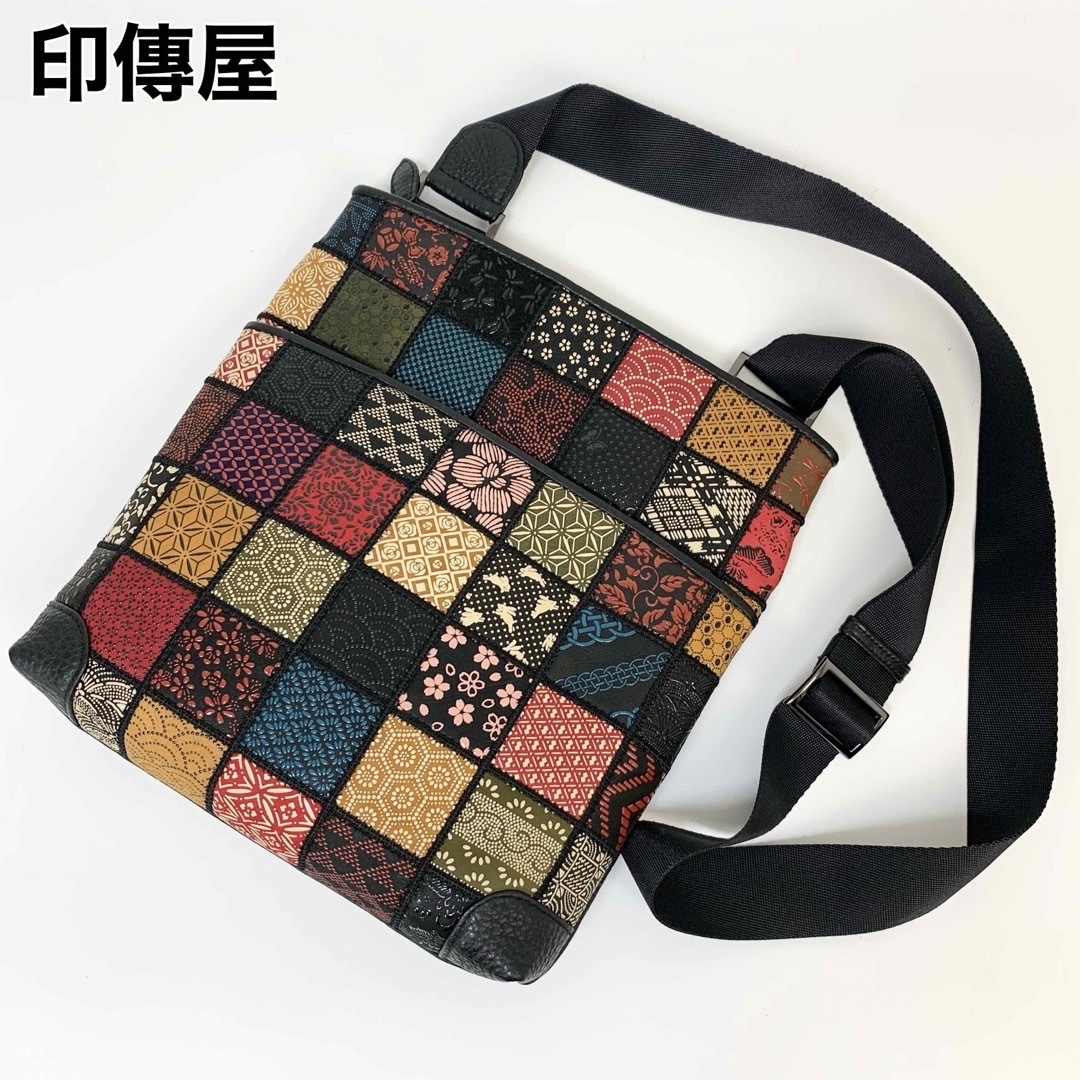 23F27 未使用 印傳屋 インデンヤ ショルダー パッチワーク 本革-
