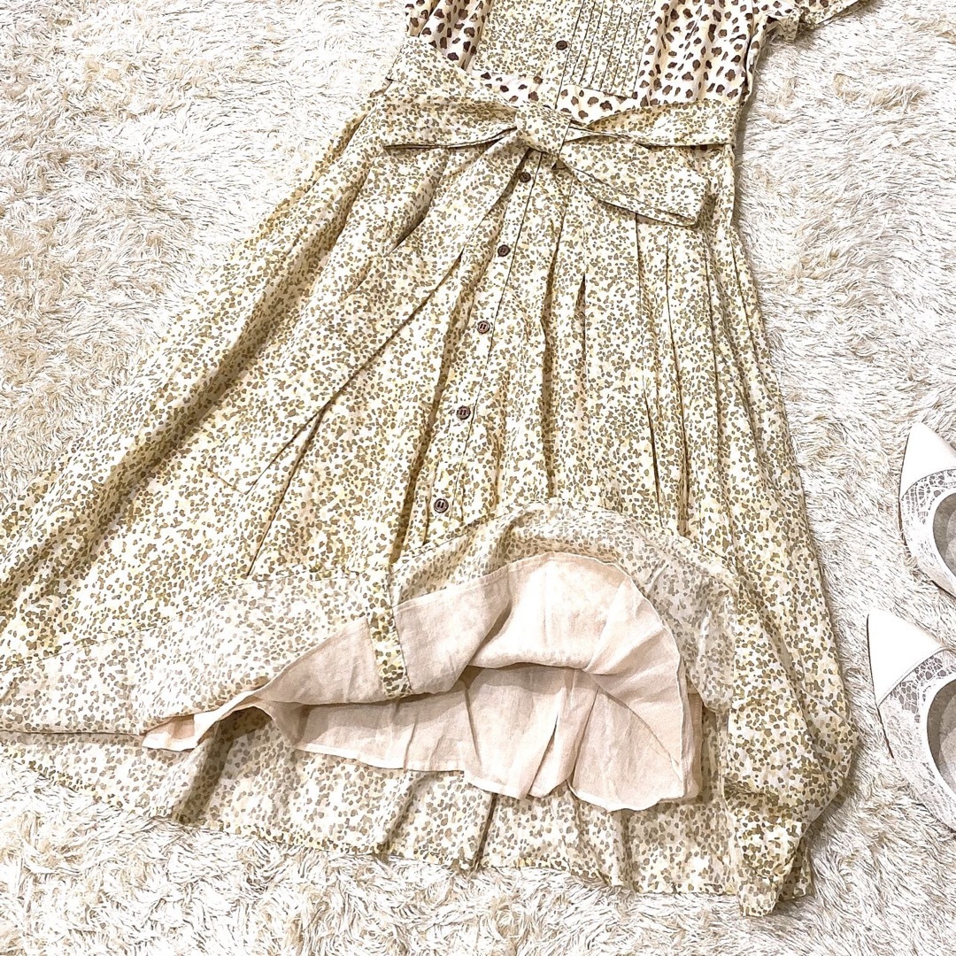 【極美品】トッカ 小花柄シャツワンピース ウエストリボン プリーツ イエロー 2
