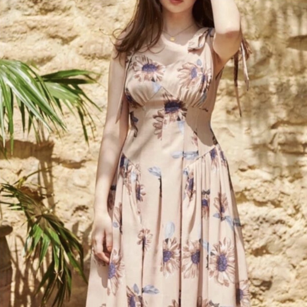 Her lip to】Sunflower-printed Midi Dress-