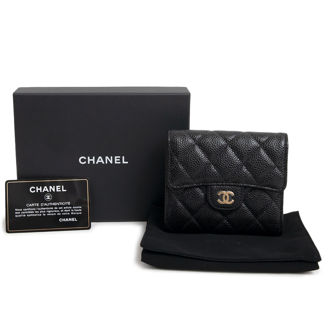 CHANEL シャネル キャビアスキン/黒・三つ折り財布