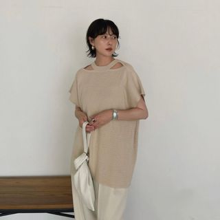 クラネ(CLANE)のMANOF DECOLLETE OPEN KNIT TOPS(カットソー(半袖/袖なし))