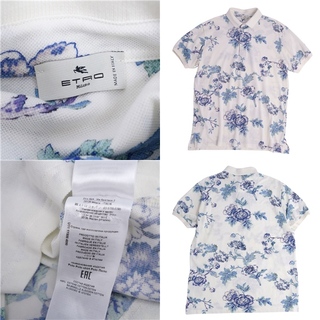 美品 エトロ ETRO シャツ ポロシャツ 半袖 ショートスリーブ 鹿の子 花柄 トップス メンズ L ホワイト/ブルー