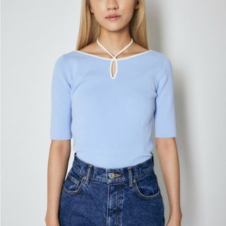 マウジー(moussy)の【MOUSSY】サマーニットトップス(半袖/ライトブルー)(カットソー(半袖/袖なし))