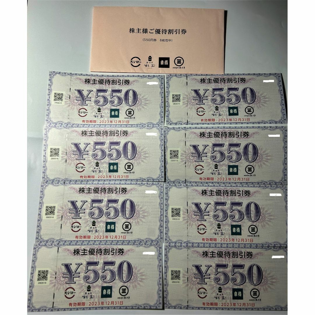 【最新】スシロー株主優待割引券　4400円分（550円券×8枚)