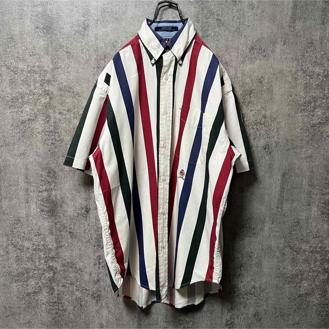 トミーヒルフィガー☆オールド刺繍ロゴ半袖カラーボールドストライプシャツ 90s
