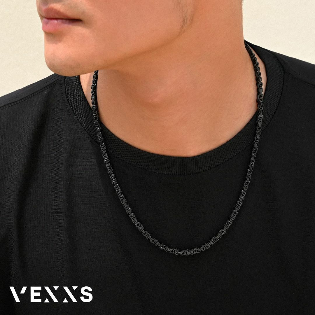 【色: 4mm-ブラック】VEXXS ビザンチン チェーン ネックレス メンズ