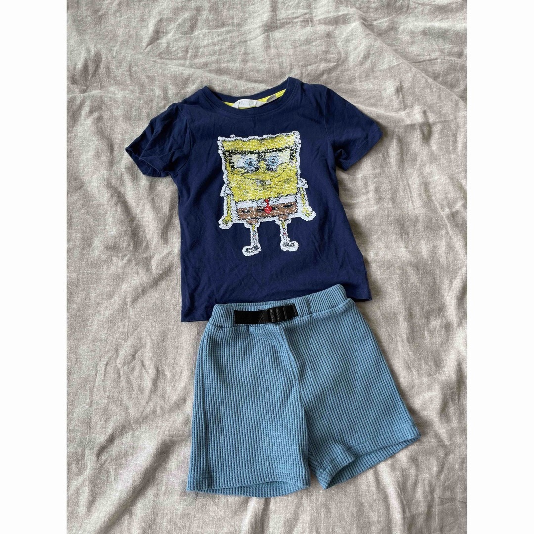 H&M  スポンジボブ　スパンコール　ブルー　ワッフル　パンツ キッズ/ベビー/マタニティのキッズ服男の子用(90cm~)(パンツ/スパッツ)の商品写真