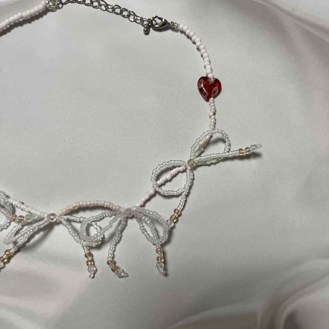 ribbon necklace (heart white)#1 ハンドメイドのアクセサリー(ネックレス)の商品写真