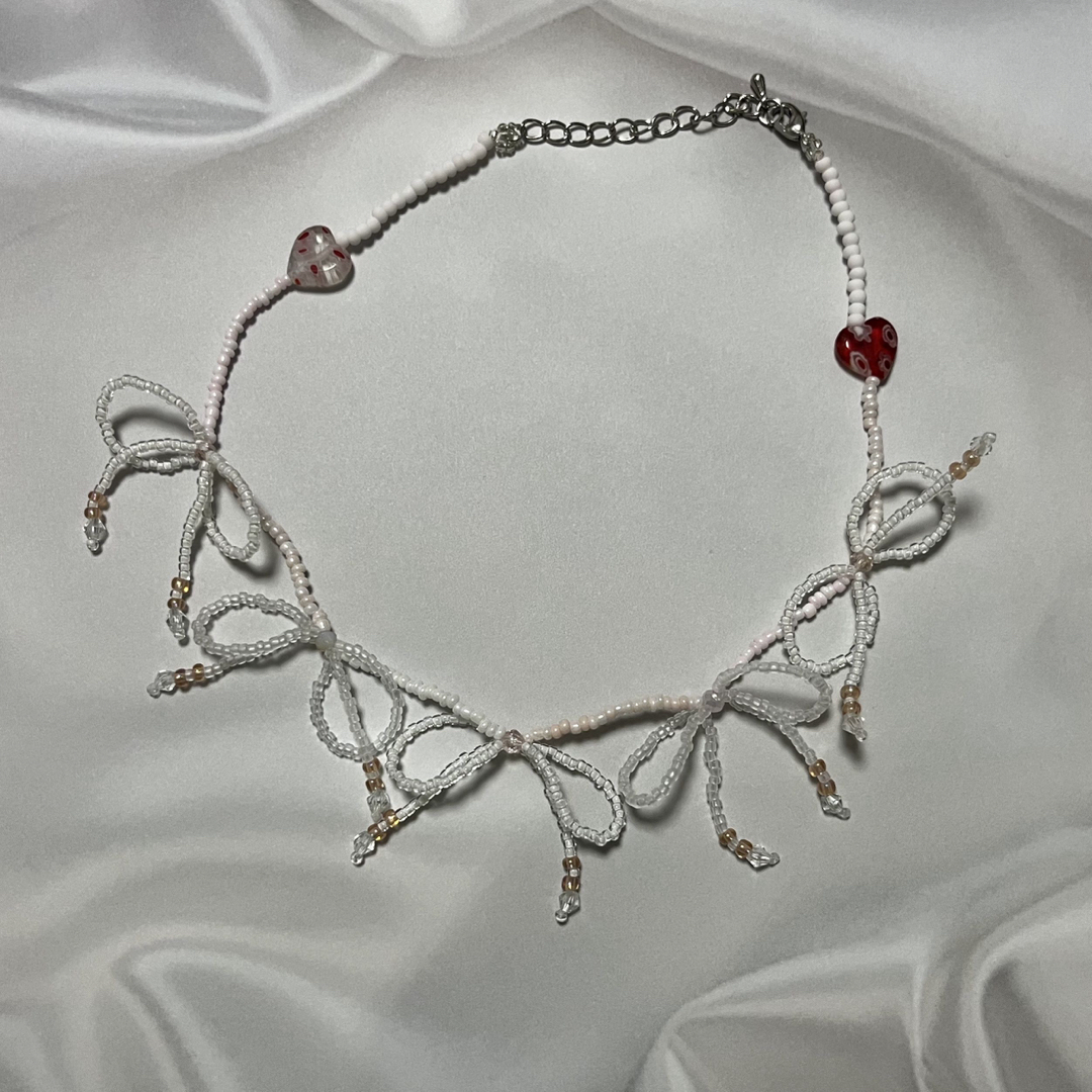 ribbon necklace (heart white)#1 ハンドメイドのアクセサリー(ネックレス)の商品写真