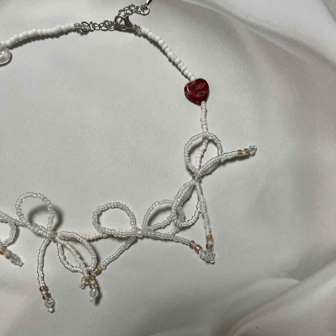 ribbon necklace(heart white)#2 ハンドメイドのアクセサリー(ネックレス)の商品写真