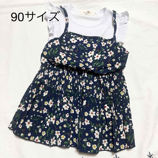 韓国子供服　夏服　ワンピ　可愛い　おしゃれ　花柄ワンピ　ネイビー　青　スカート(ワンピース)